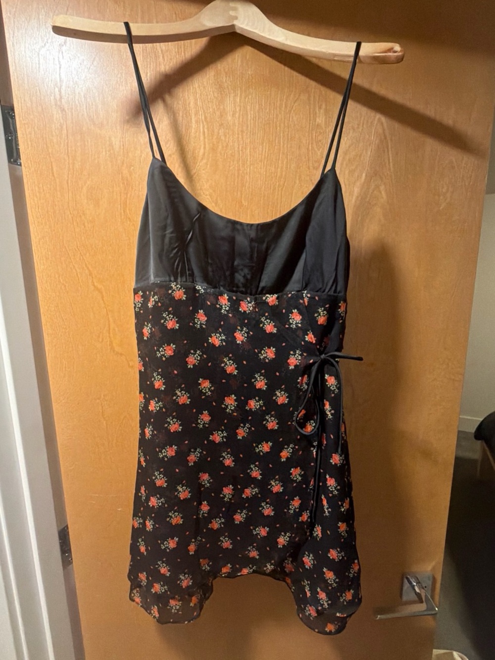 Black Floral Mini Slip Dress with Side Tie